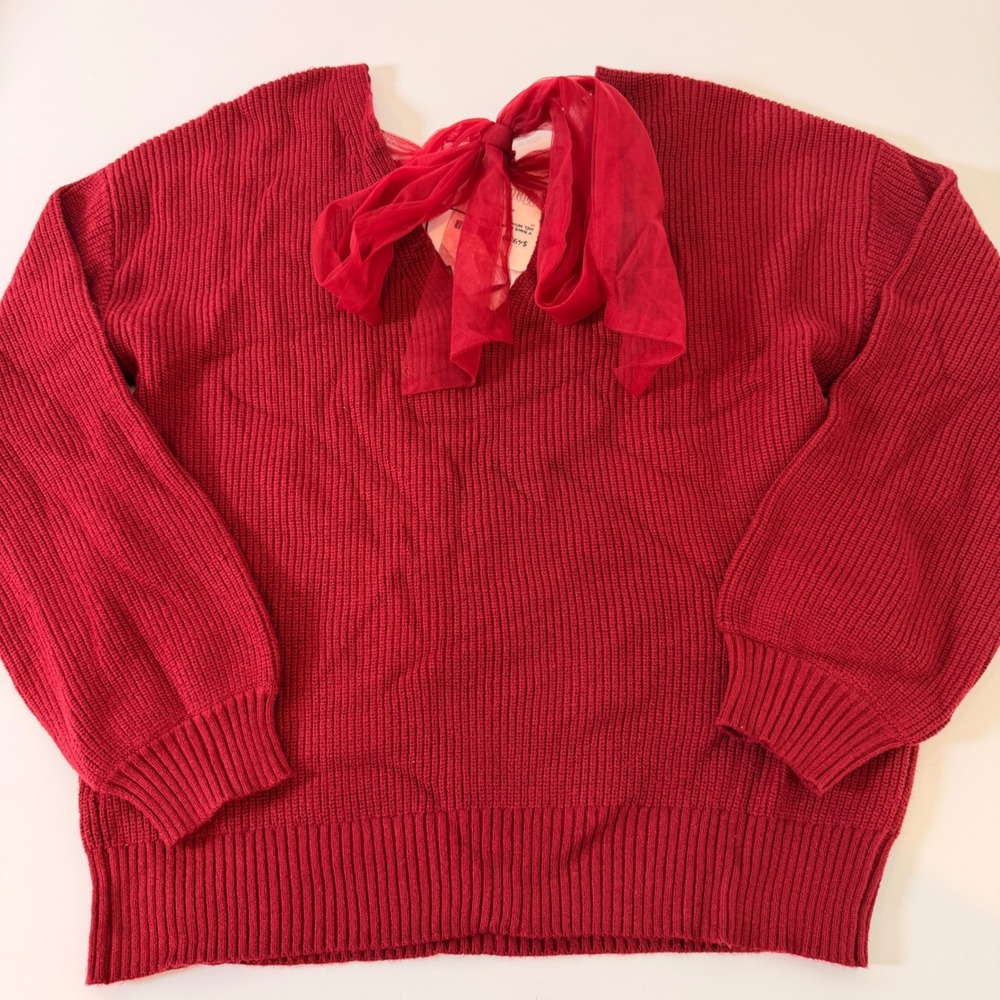 Blu Pepper Womens V Neck Back Bow Sweater Wine Red Ribbed Knit Balloon Sleeve M
